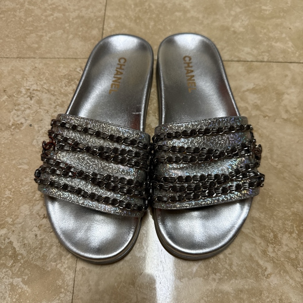 Chanel Silver Slide Sandals with Sparkling Straps